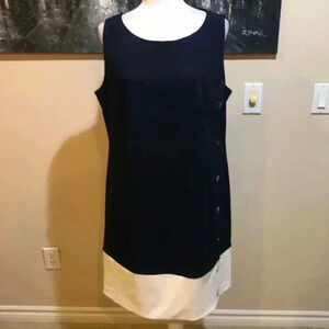 DKNY Navy & White Color Block Midi Tank Dress w/Silver Logo Side Buttons-Size 16